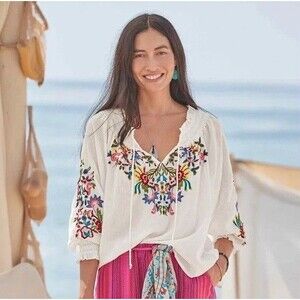 Sundance Embroidered Swaying Palms Top Women’s XS White Multi Tie Neck Relaxed